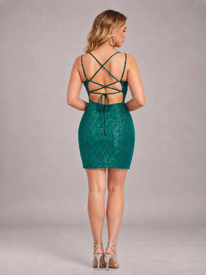 Teal Fashionable V-Neck Spaghetti Straps Short Mini Homecoming Dress