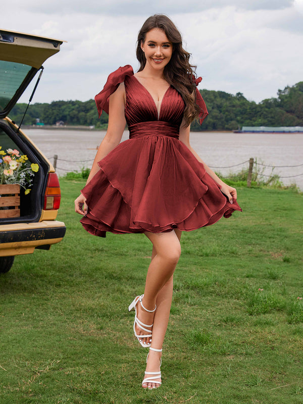Burgundy Feminine A-Line Tiered Tulle Mini Homecoming Dresses