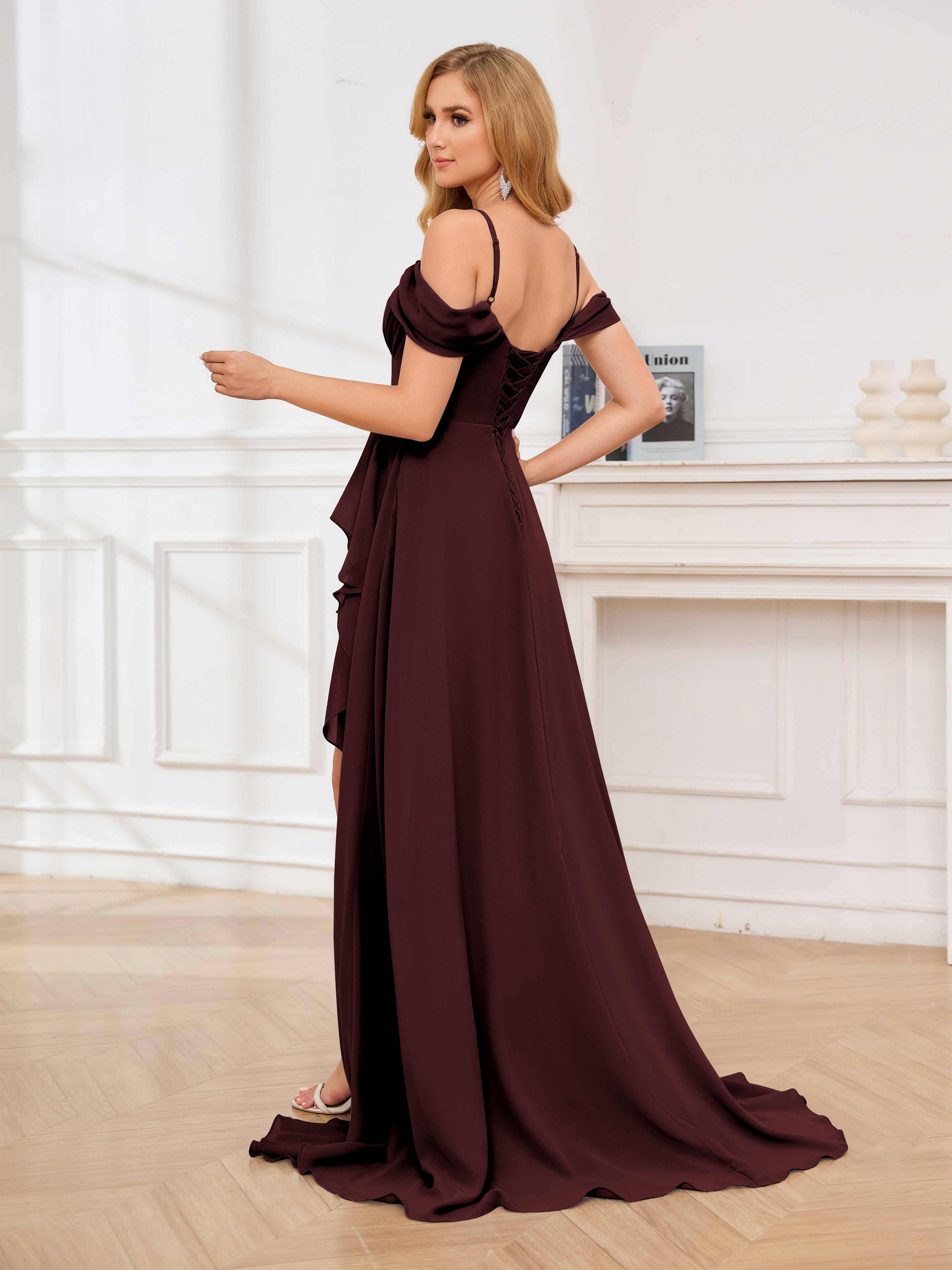 Feminine Off The Shoulder Ruffles Slit Floor Length Bridesmaid Dresses mollyevers.com Feminine Off The Shoulder Ruffles Slit Floor Length Bridesmaid Dresses mollyevers.com