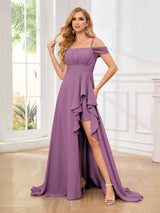 Feminine Off The Shoulder Ruffles Slit Floor Length Bridesmaid Dresses
