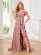 Feminine Off The Shoulder Ruffles Slit Floor Length Bridesmaid Dresses