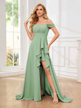 Feminine Off The Shoulder Ruffles Slit Floor Length Bridesmaid Dresses