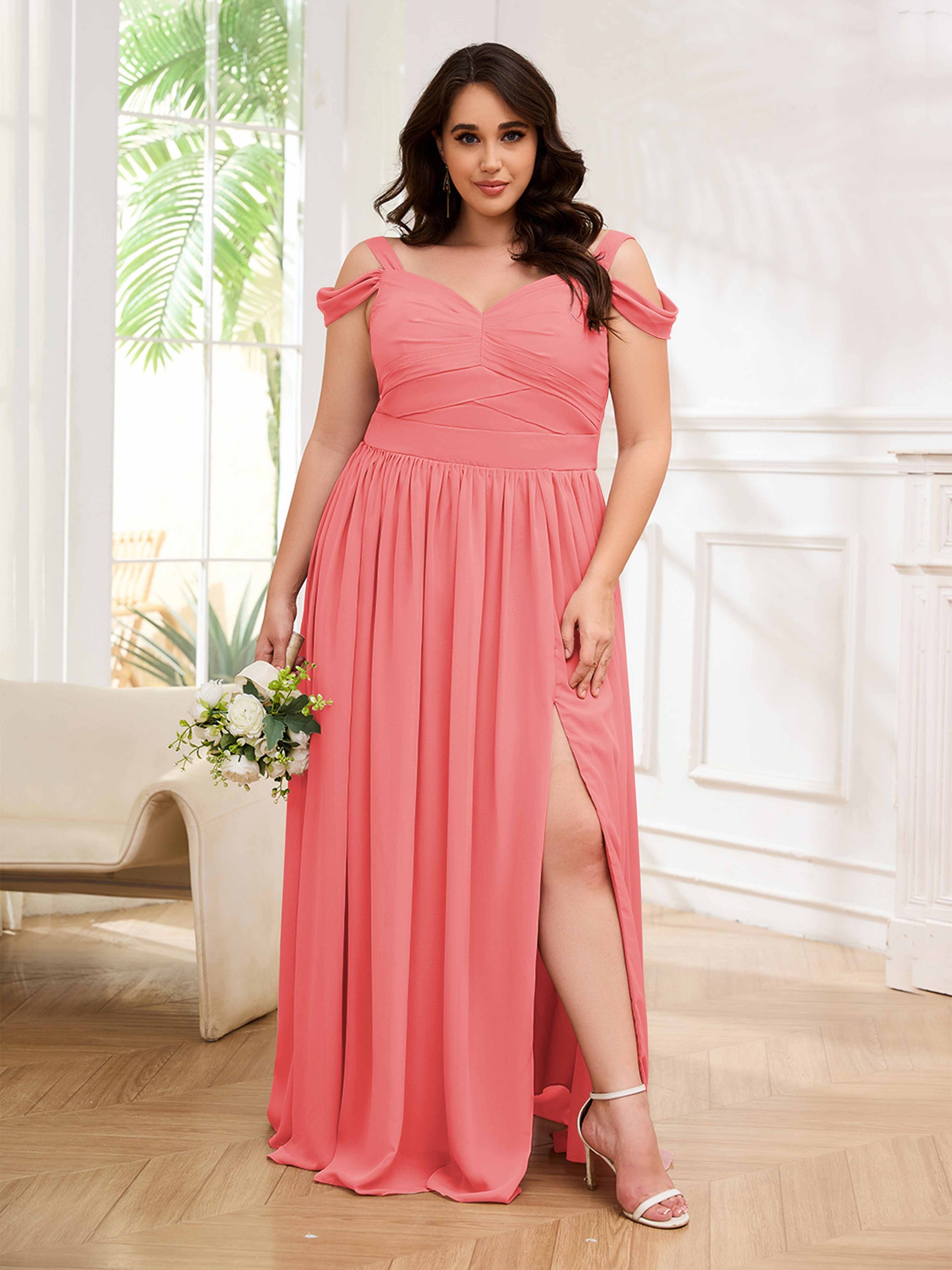 plus size coral bridesmaid dresses Ever-Pretty Inclusive Plus Size Off the Shoulder Chiffon Maxi Bridesmaid Dress
