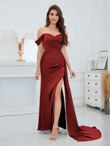 Flattering Off The Shoulder Slit Floor Length Chiffon Bridesmaid Dresses