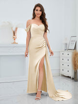 Flattering Off The Shoulder Slit Floor Length Chiffon Bridesmaid Dresses