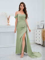 Flattering Off The Shoulder Slit Floor Length Chiffon Bridesmaid Dresses