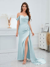 Flattering Off The Shoulder Slit Floor Length Chiffon Bridesmaid Dresses