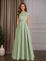 Free Shipping Flattering Rhinestone A-Line Mother of the Bride Dress with Short Sleeves & Floor-Length Pleated Dress