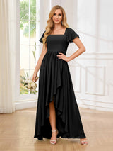 Flattering Square Neck Short Sleeeves Chiffon High Low Bridesmaid Dresses