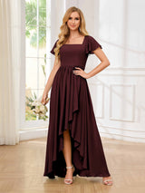 Flattering Square Neck Short Sleeeves Chiffon High Low Bridesmaid Dresses