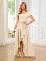 Flattering Square Neck Short Sleeeves Chiffon High Low Bridesmaid Dresses