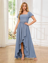 Flattering Square Neck Short Sleeeves Chiffon High Low Bridesmaid Dresses