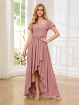 Flattering Square Neck Short Sleeeves Chiffon High Low Bridesmaid Dresses