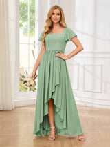 Flattering Square Neck Short Sleeeves Chiffon High Low Bridesmaid Dresses
