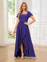 Flattering Square Neck Short Sleeeves Chiffon High Low Bridesmaid Dresses