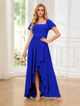 Flattering Square Neck Short Sleeeves Chiffon High Low Bridesmaid Dresses