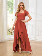 Flattering Square Neck Short Sleeeves Chiffon High Low Bridesmaid Dresses