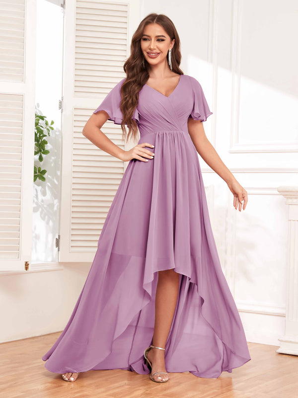 Dusty Purple Flattering V-Neck High Low Ruffles Chiffon Bridesmaid Dresses