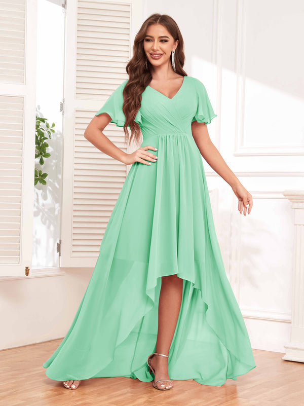 Mint Green Flattering V-Neck High Low Ruffles Chiffon Bridesmaid Dresses