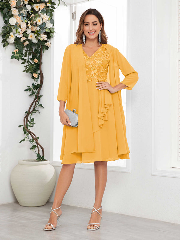 Mustard Flattering V-Neck Two Pieces Appliques Chiffon Mother Of The Bride Dresses