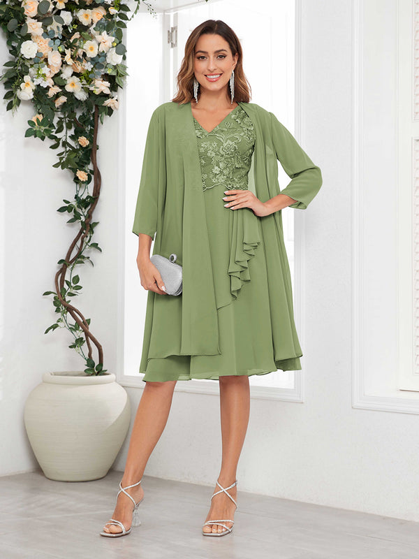 Olive Green Flattering V-Neck Two Pieces Appliques Chiffon Mother Of The Bride Dresses