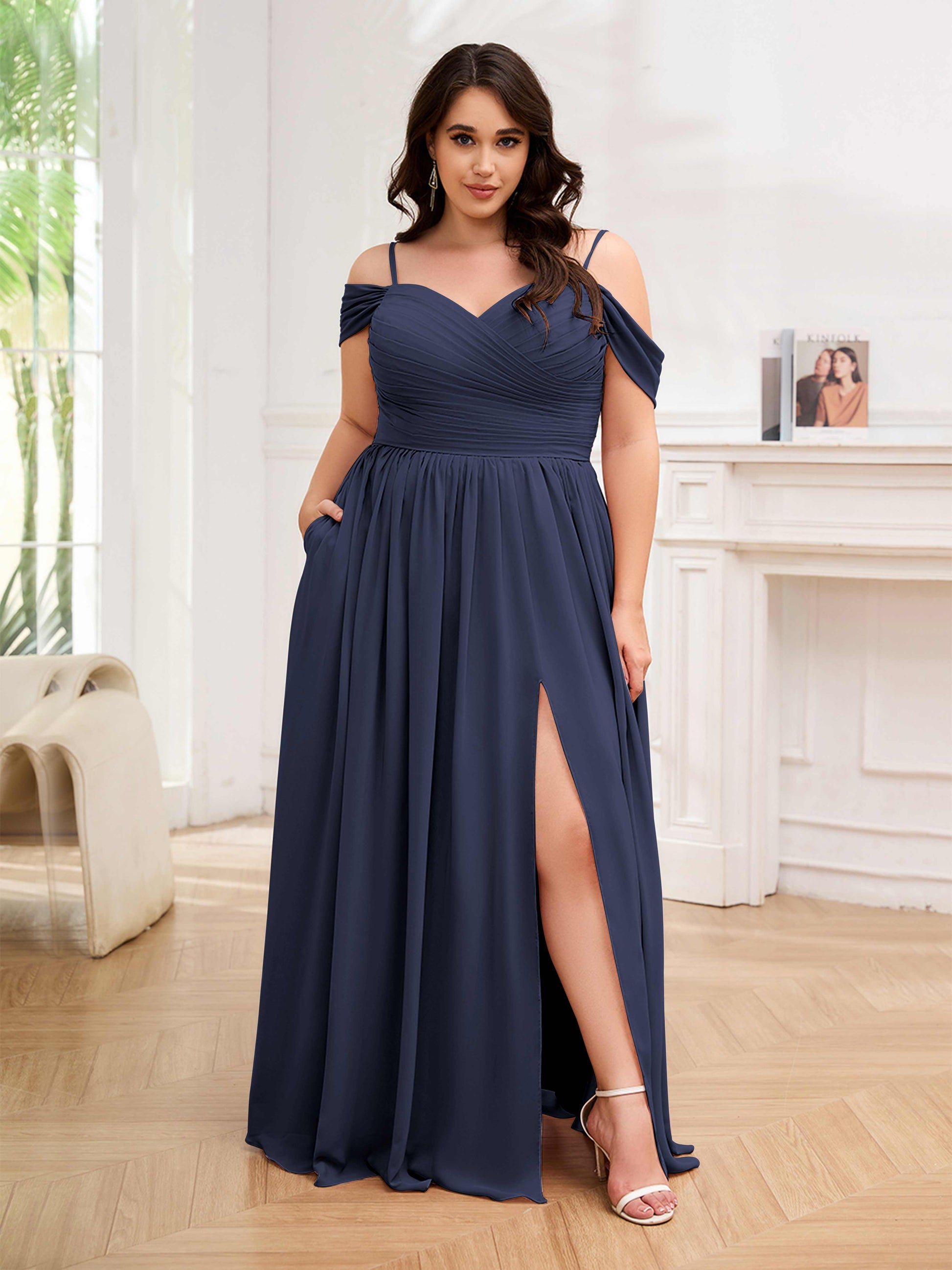 Flirty A-Line Spaghetti Straps Chiffon Plus Size Bridesmaid Dresses Wi –