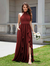 Flirty Halter Neck Ruffles Chiffon Bridesmaid Dresses With Pockets