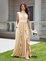 Flirty Halter Neck Ruffles Chiffon Bridesmaid Dresses With Pockets