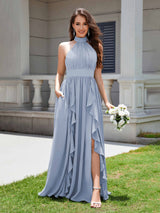 Flirty Halter Neck Ruffles Chiffon Bridesmaid Dresses With Pockets