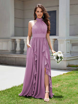 Flirty Halter Neck Ruffles Chiffon Bridesmaid Dresses With Pockets