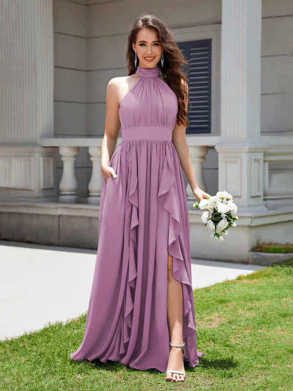 Dusty Purple Flirty Halter Neck Ruffles Chiffon Bridesmaid Dresses With Pockets
