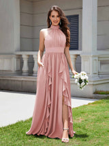 Flirty Halter Neck Ruffles Chiffon Bridesmaid Dresses With Pockets