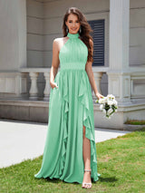 Flirty Halter Neck Ruffles Chiffon Bridesmaid Dresses With Pockets