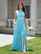 Flirty Halter Neck Ruffles Chiffon Bridesmaid Dresses With Pockets