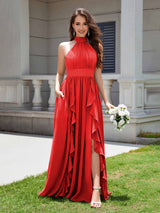 Flirty Halter Neck Ruffles Chiffon Bridesmaid Dresses With Pockets