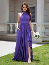 Flirty Halter Neck Ruffles Chiffon Bridesmaid Dresses With Pockets