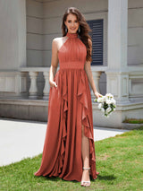 Flirty Halter Neck Ruffles Chiffon Bridesmaid Dresses With Pockets