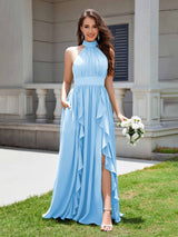 Flirty Halter Neck Ruffles Chiffon Bridesmaid Dresses With Pockets