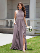 Flirty Halter Neck Ruffles Chiffon Bridesmaid Dresses With Pockets