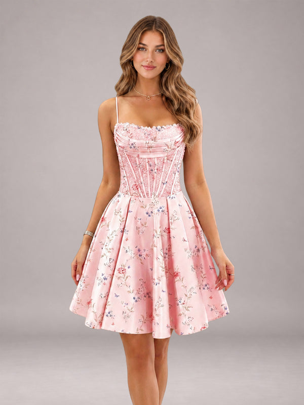 Blushing Pink Floral A-Line Spaghetti Strap Homecoming Dress with Corset Bodice & Lace-Up Back