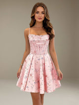 Free Shipping Floral A-Line Spaghetti Strap Homecoming Dress with Corset Bodice & Lace-Up Back
