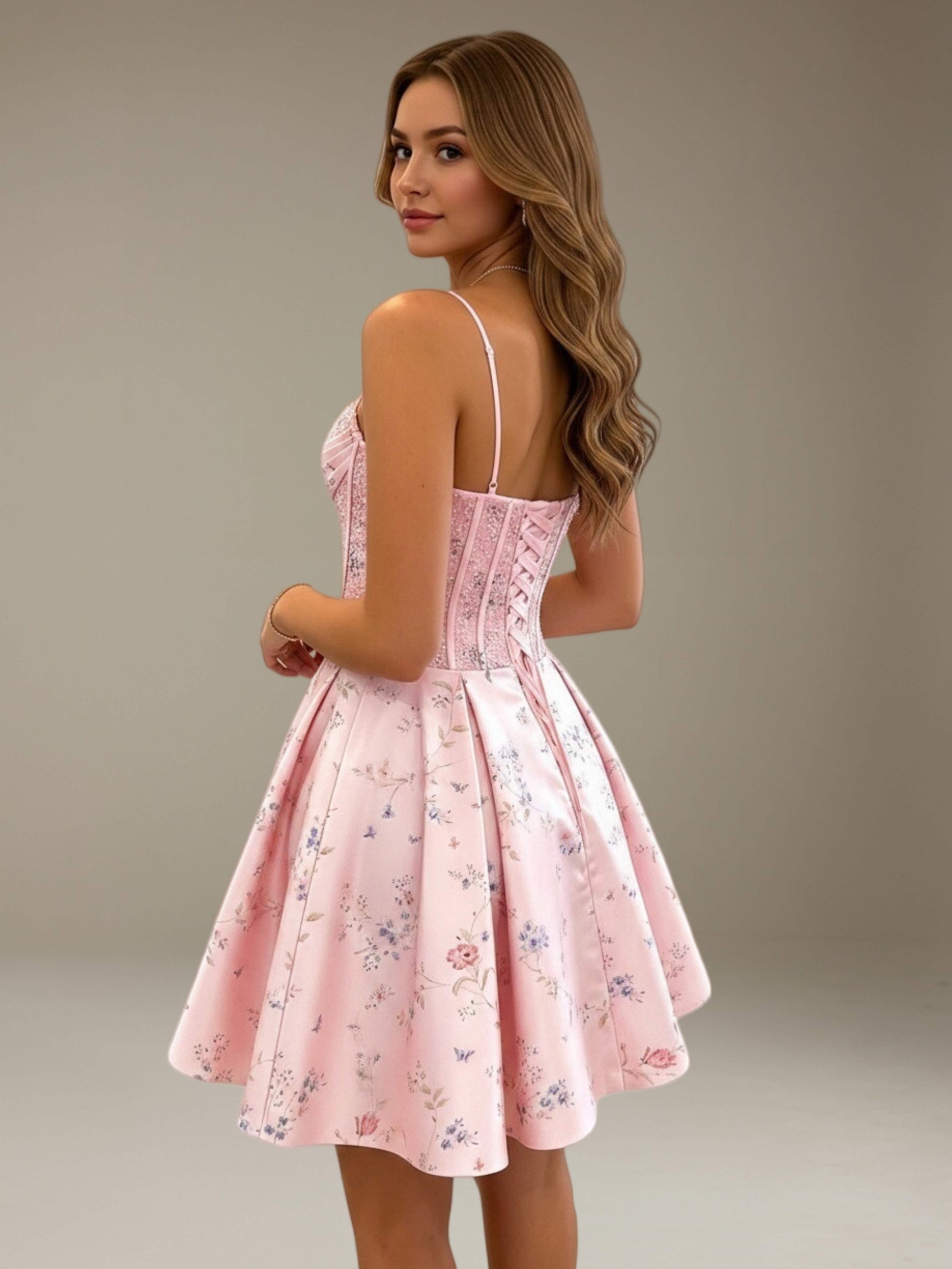 Free Shipping Floral A-Line Spaghetti Strap Homecoming Dress with Cors –