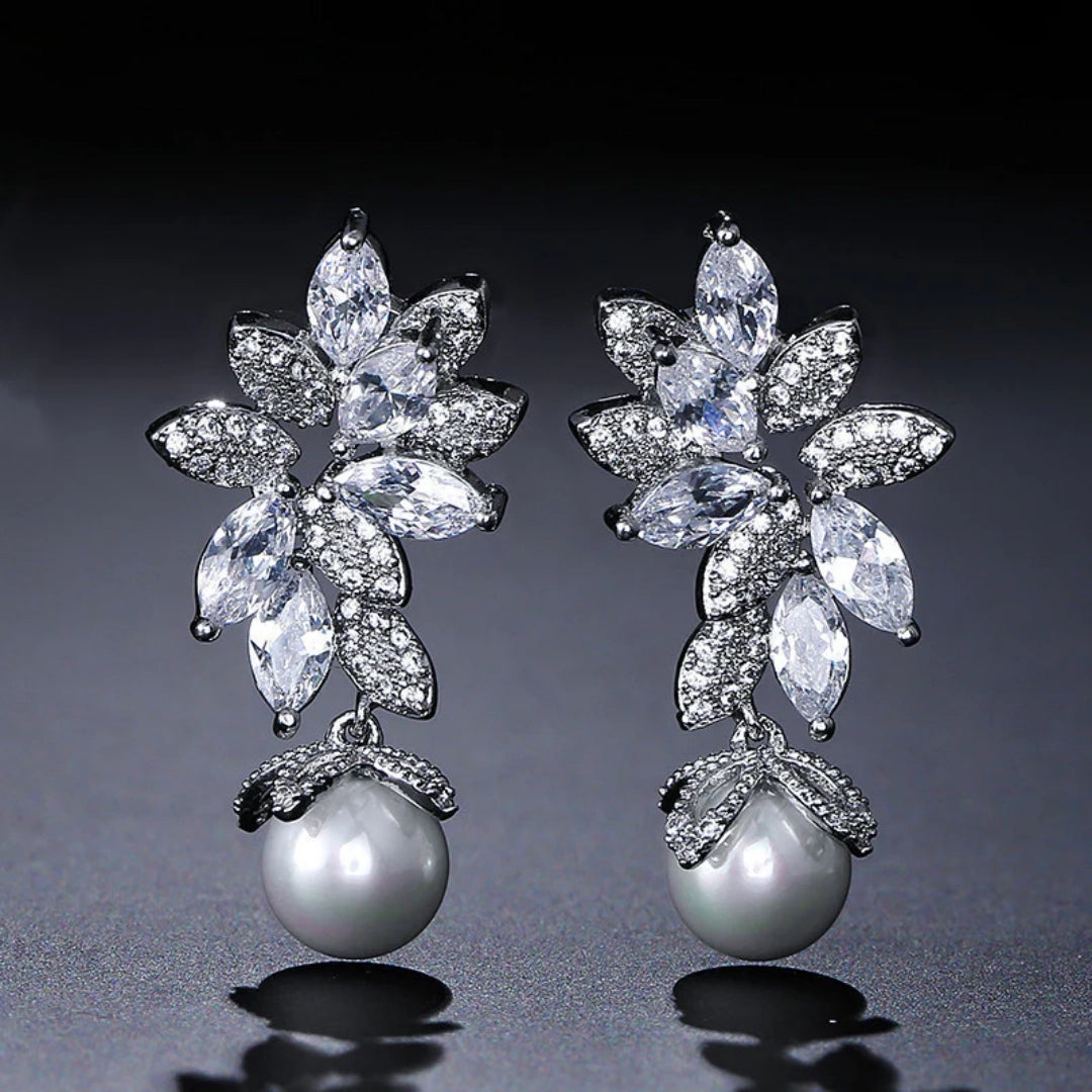 Floral Crystal Pearl Drop Earrings Bridal Leaf Design Silver Rose Gold Elegant Wedding Earrings