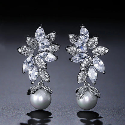 Floral Crystal Pearl Drop Earrings Bridal Leaf Design Silver Rose Gold Elegant Wedding Earrings