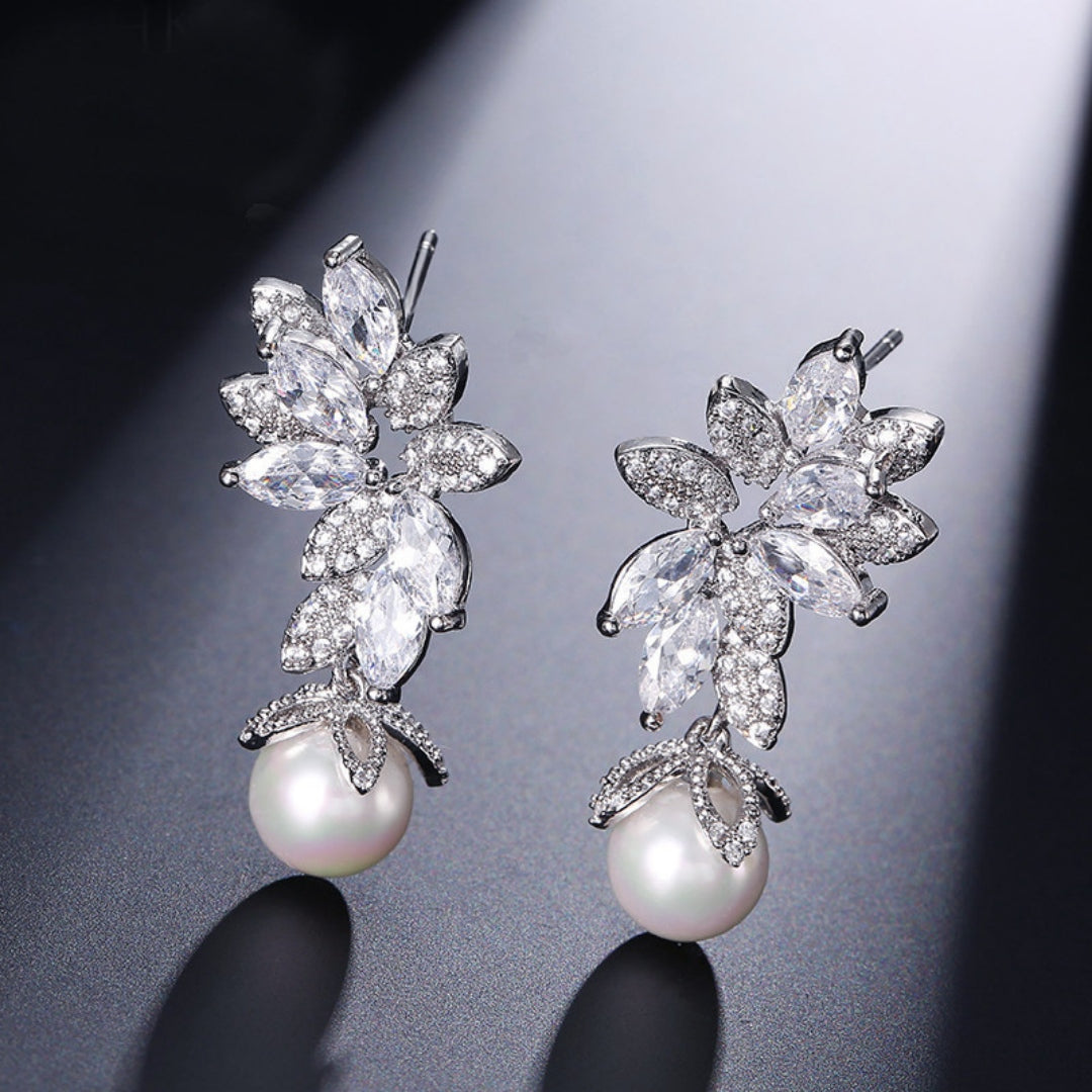 Floral Crystal Pearl Drop Earrings Bridal Leaf Design Silver Rose Gold Elegant Wedding Earrings