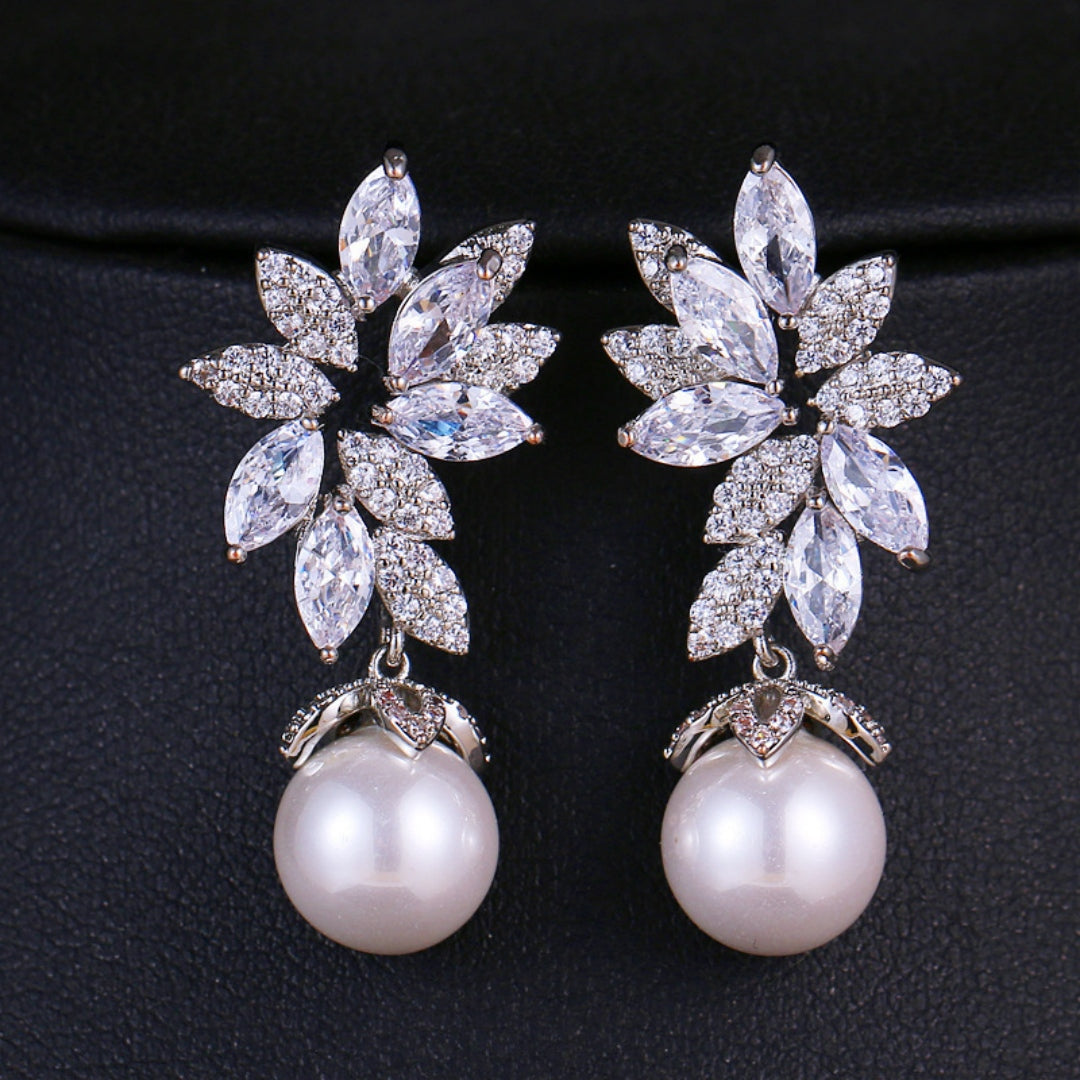 Floral Crystal Pearl Drop Earrings Bridal Leaf Design Silver Rose Gold Elegant Wedding Earrings