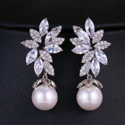 Floral Crystal Pearl Drop Earrings Bridal Leaf Design Silver Rose Gold Elegant Wedding Earrings