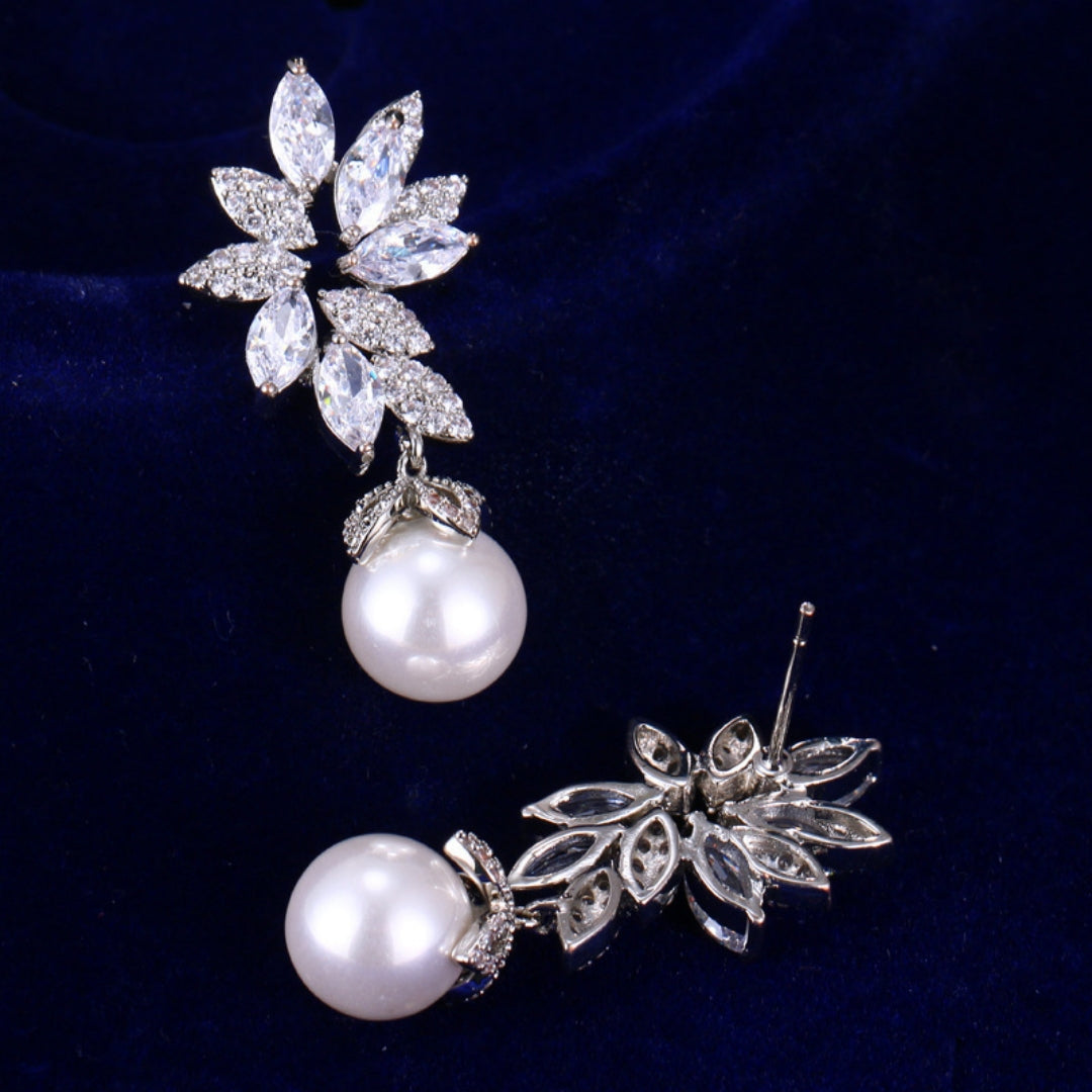 Floral Crystal Pearl Drop Earrings Bridal Leaf Design Silver Rose Gold Elegant Wedding Earrings