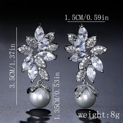 Floral Crystal Pearl Drop Earrings Bridal Leaf Design Silver Rose Gold Elegant Wedding Earrings