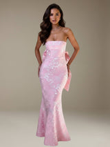 Free Shipping Floral Jacquard Strapless Mermaid Maxi Dress with Bow Detail